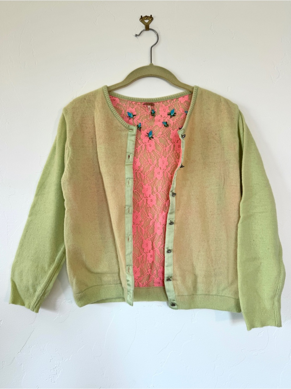 Free People Pale Lime Green Wool and Hot Pink Lace Lined Button-Up Cardigan